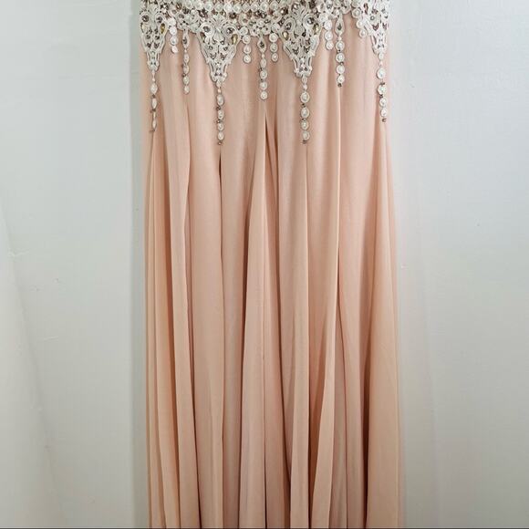 NWT Mignon Metallic Blush Pink Illusion Low Back Chiffon Beaded Maxi Dress 0 - Picture 4 of 12